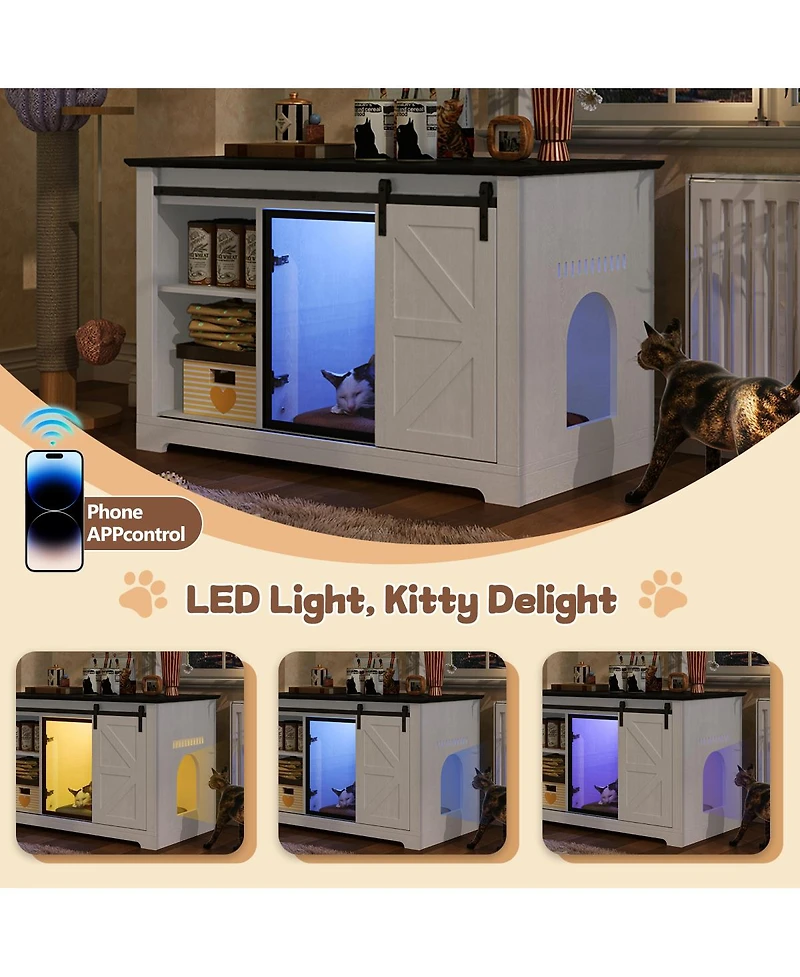 Streamdale Furniture 46" Farmhouse Cat Litter Box Enclosure with Sliding Barn Door and Led Light