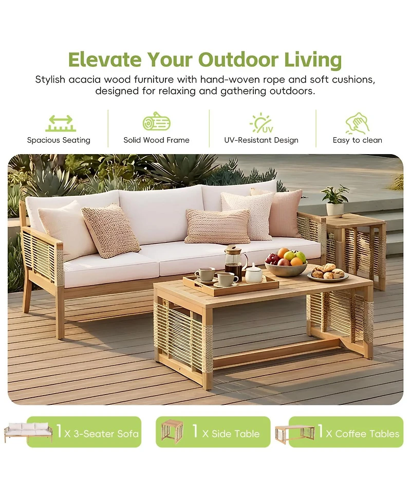 Streamdale Furniture Acacia Wood 3-Seater Sofa Set with 2 Coffee Tables - Teak Look