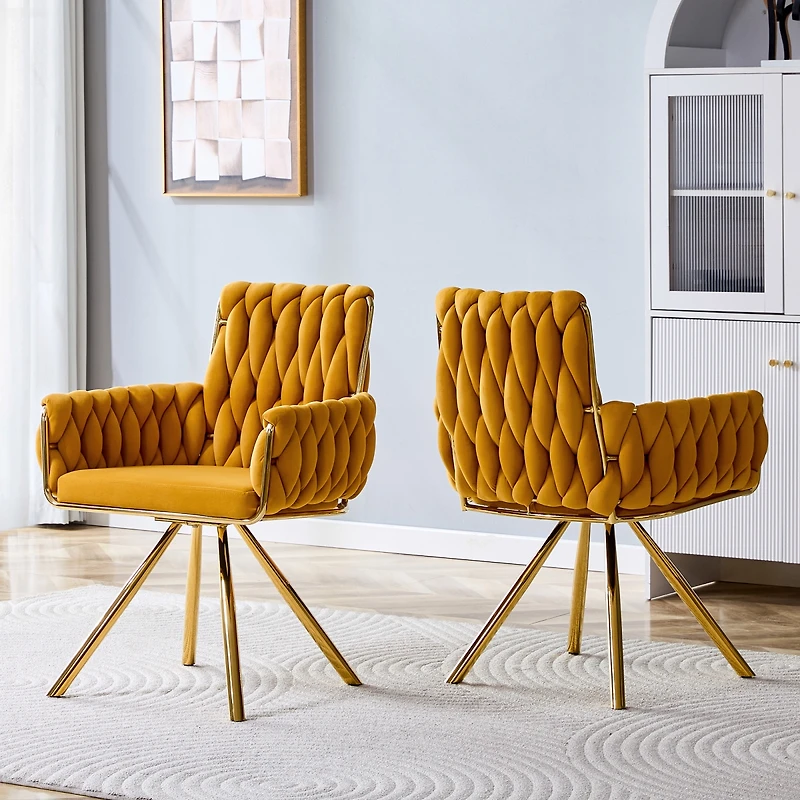 Streamdale Furniture Set of 2 Modern Velvet Braided Dining Chairs with Gold Legs