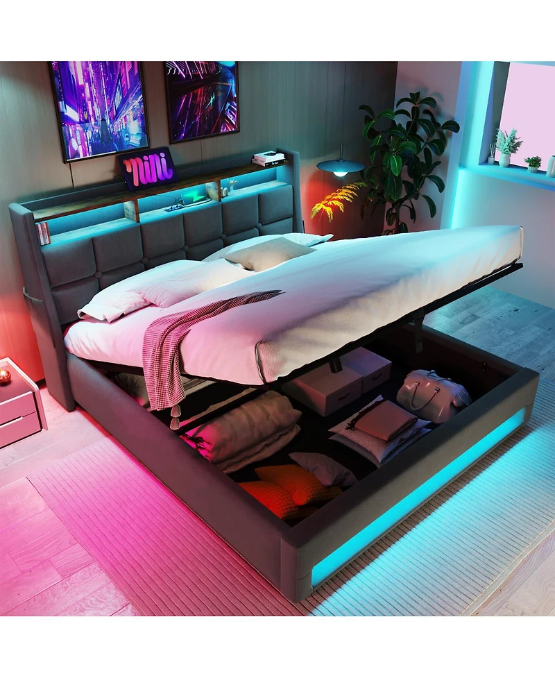 Streamdale Furniture Upholstered Platform Bed with Hydraulic Storage, Led and Charging Station