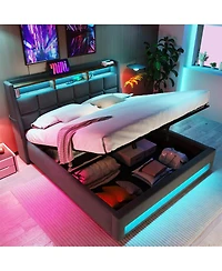 Streamdale Furniture Upholstered Platform Bed with Hydraulic Storage, Led and Charging Station