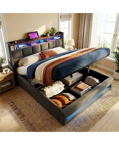 Streamdale Furniture Upholstered Platform Bed with Hydraulic Storage, Led and Charging Station
