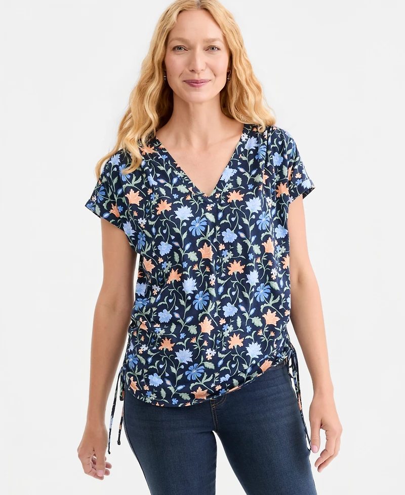 Style & Co Women's Printed Ruched Tie-Hem V-Neck Top, Macy's Exclusive