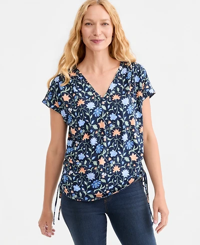 Style & Co Women's Printed Ruched Tie-Hem V-Neck Top, Macy's Exclusive