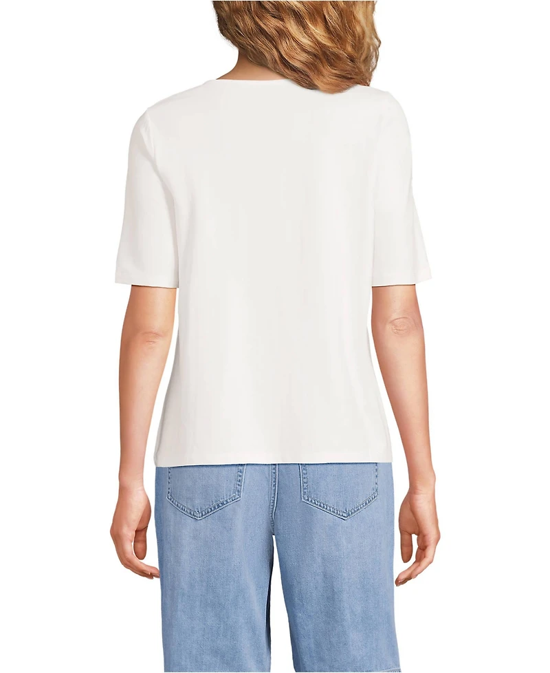 Lands' End Women's Elbow Sleeve Lightweight Jersey Pintuck Square Neck Top