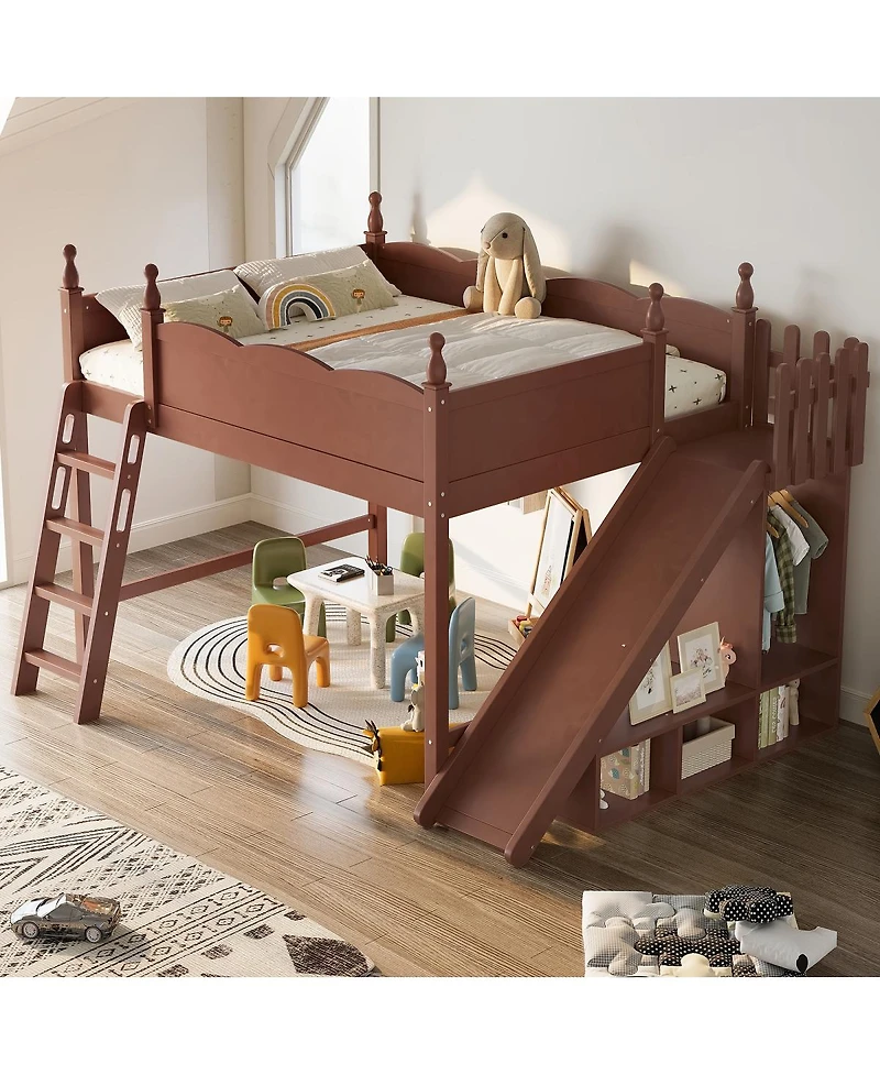 Streamdale Furniture Queen Solid Wood Loft Bed with Storage, Wardrobe, and Slide