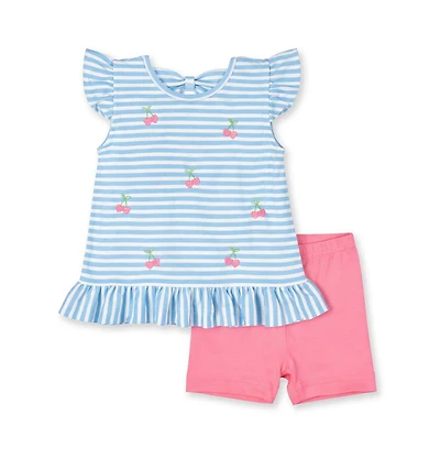 Florence Eiseman Little Girl Knit Short Set With Embroidered Heart Cherries
