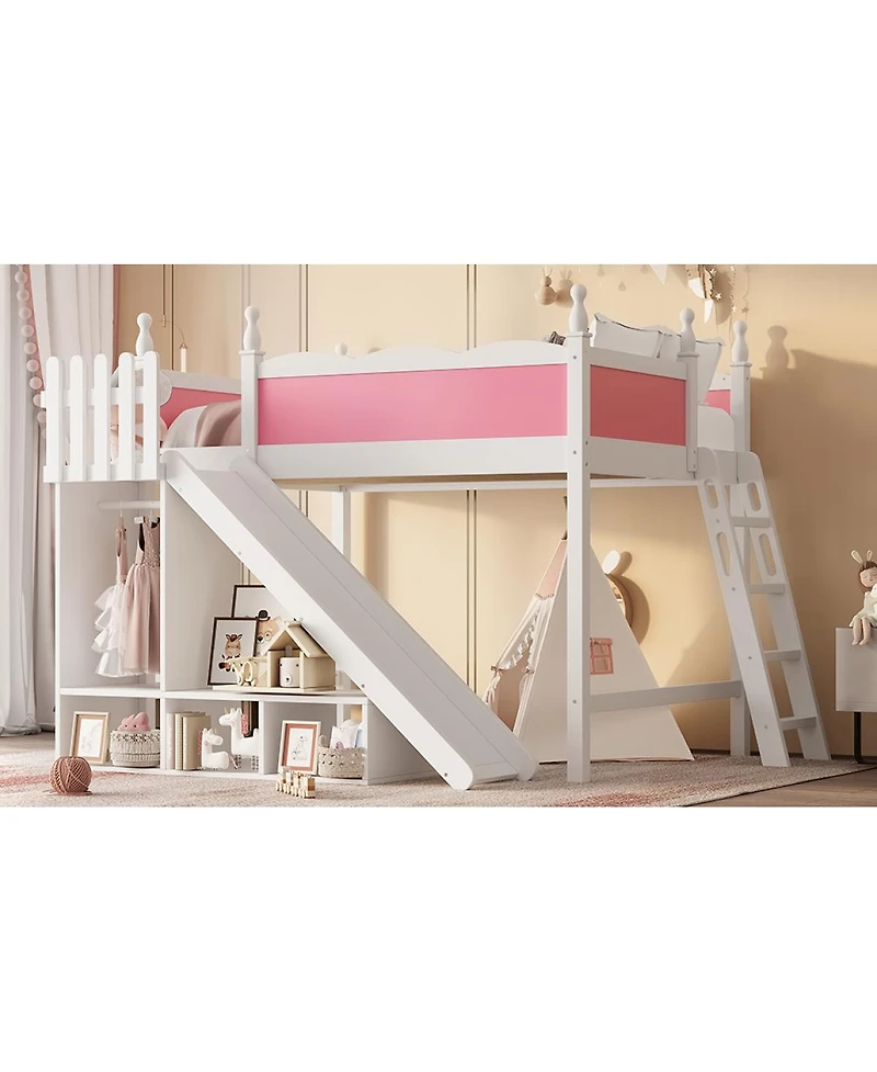 Streamdale Furniture Loft Bed with Storage, Wardrobe, and Slide, Solid Wood