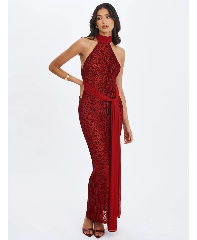 Miss Circle Women's Cerise Scarlet Burnout Velvet Multiwear Mesh Ribbon Maxi Dress