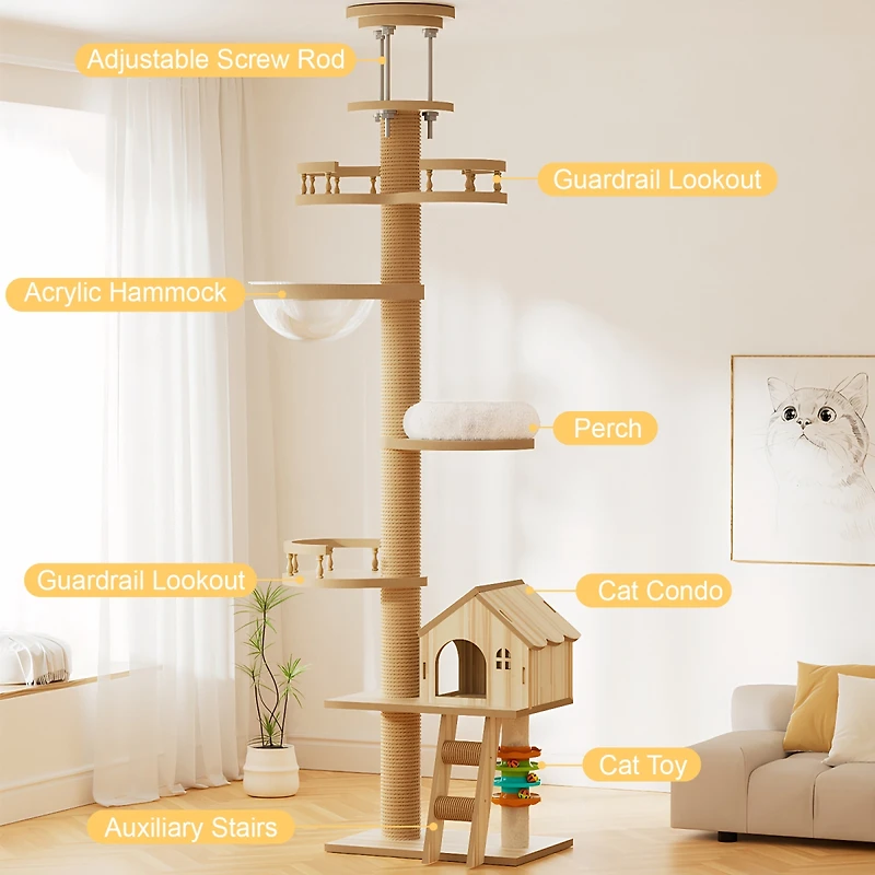 Streamdale Furniture Adjustable Floor-to-Ceiling Cat Tree with Condo, Hammock, and Scratching Posts