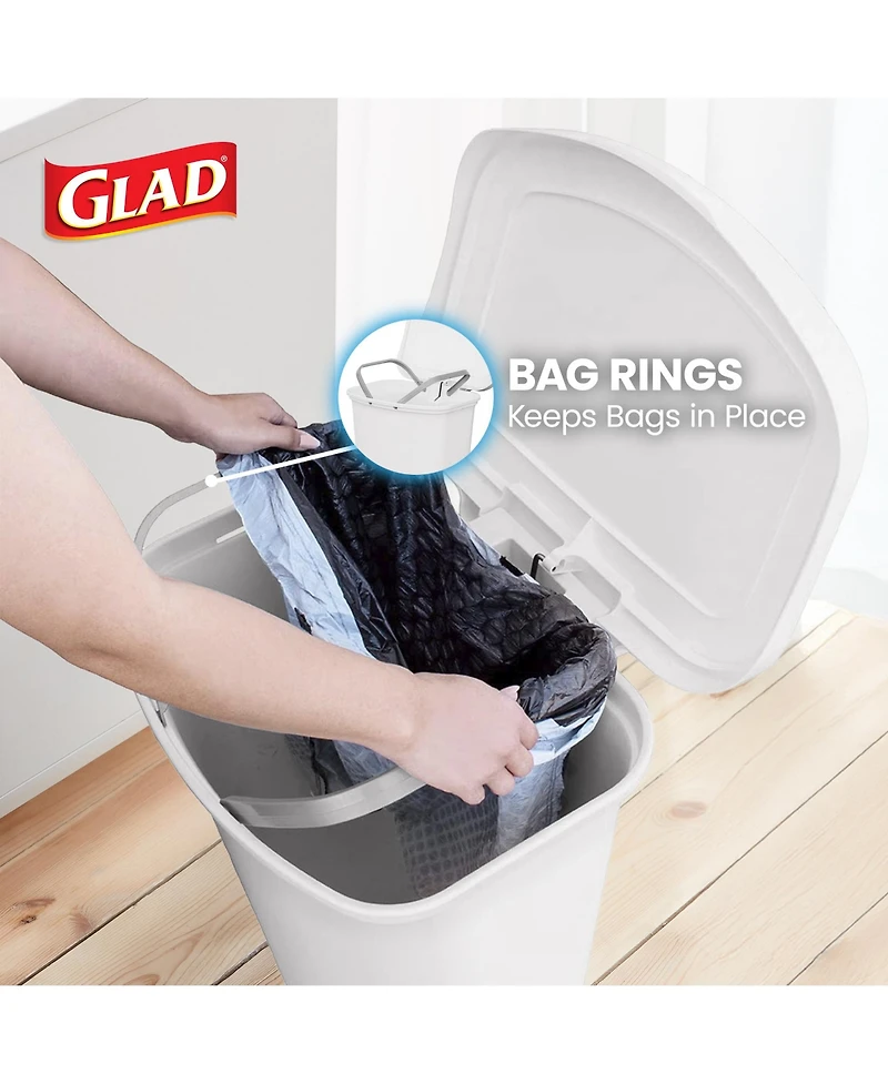 Glad Kitchen Trash Can with Lid, Foot Pedal and Garbage Bag Rings, 13 Gal, White