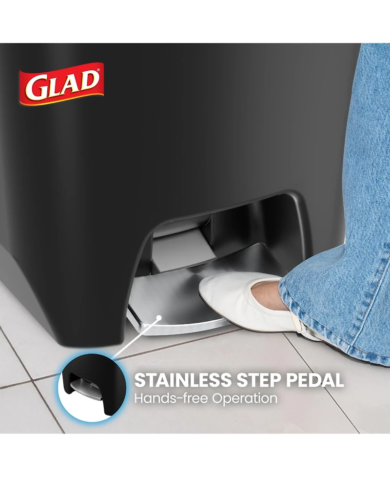 Glad Trash Can with Lid, Stainless Foot Pedal and Garbage Bag Rings, 20 Gal, Black
