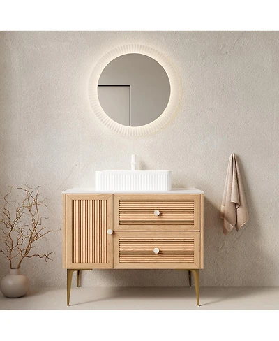 Sillysis Modern Bathroom Vanity with Rectangular Ceramic Sink, Oak Striped Texture, 2 Drawers and 1 Door