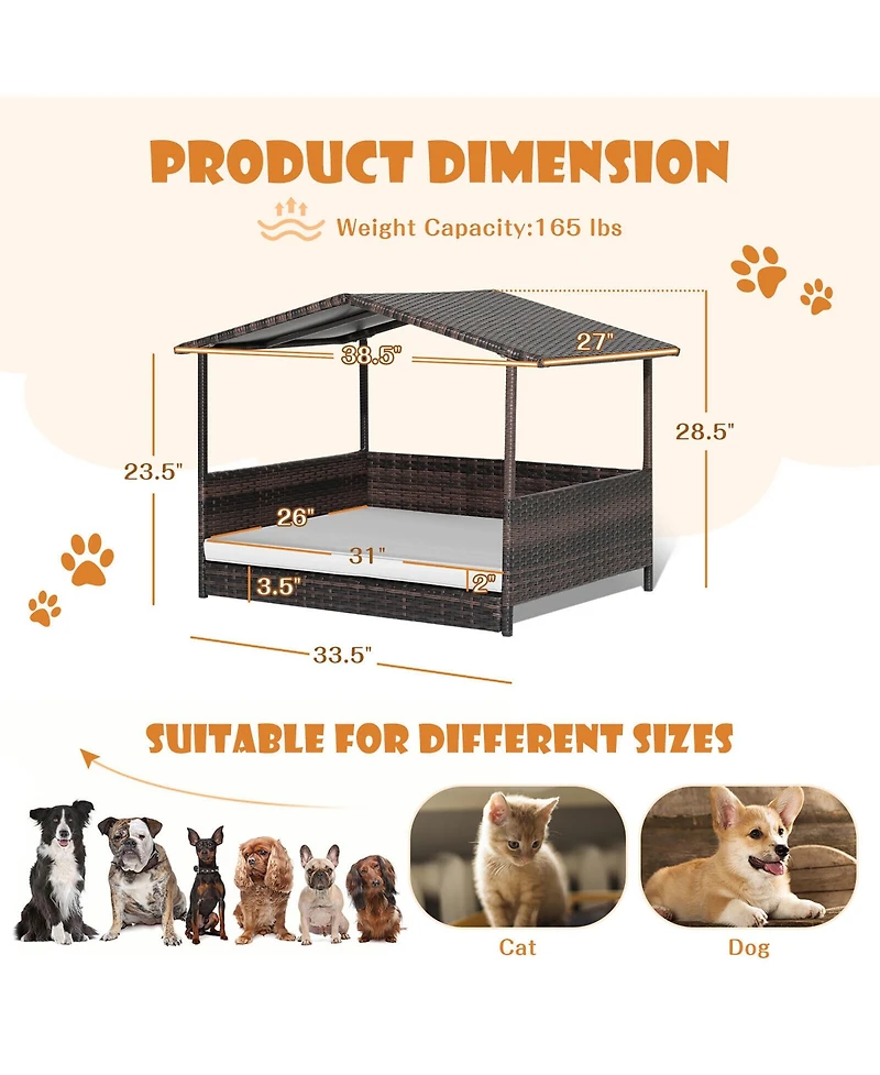 Gymax Wicker Dog House w/ Cushion Lounge Raised Rattan Bed for Indoor/Outdoor