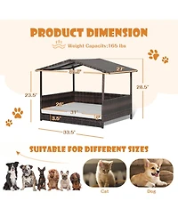 Gymax Wicker Dog House w/ Cushion Lounge Raised Rattan Bed for Indoor/Outdoor