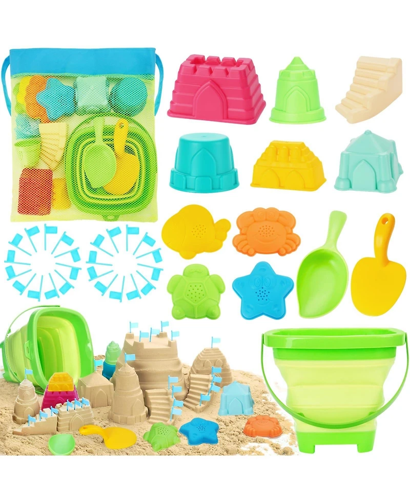 Gnuadz Collapsible Beach Toys Foldable Sand Bucket Shovels Set Mesh Bag Castle Building Kit Sandbox Travel Kids