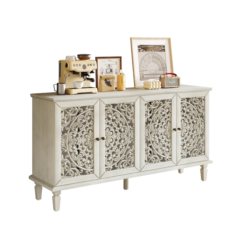 Streamdale Furniture 60inch Antique Buffet Cabinet - Floral Carvings, Adjustable Shelves