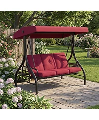 homfan 3-Seat Outdoor Swing with Adjustable Canopy, 2-in-1 Swing Bed, Thick Cushions, Cup Holders and Tray, Weather-Resistant Patio Furniture