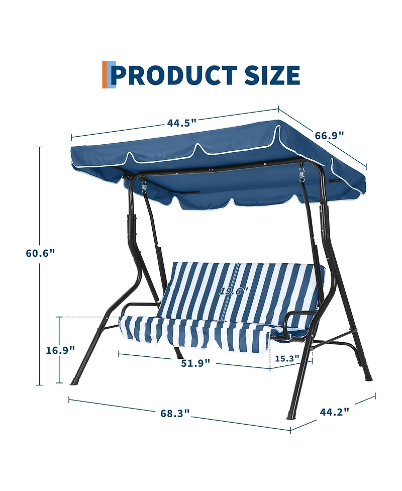 homfan 3-Seat Outdoor Swing with Adjustable Canopy, Waterproof Cushions, Heavy-Duty Steel Frame, Patio Glider for Backyard, Porch, Lawn, Garden