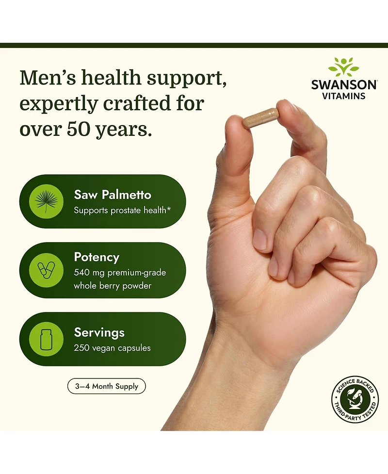 Swanson Saw Palmetto 540 Milligram 250 Capsules Herbal Supplement for Male Prostate Health, Urinary Support and quality Hair Care