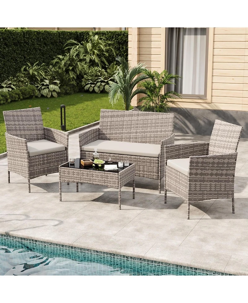 gaomon Patio Rattan Set with Glass Table, Wicker and Cushions