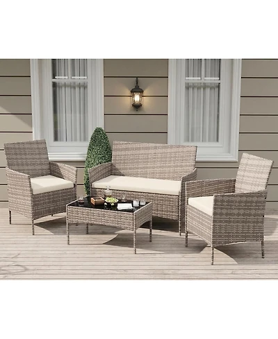 gaomon Patio Rattan Set with Glass Table, Wicker and Cushions