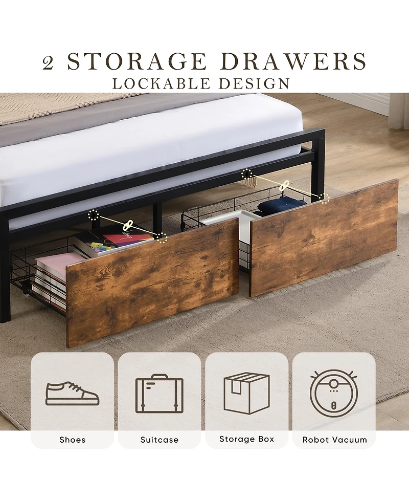 Boyel Living Full Size Industrial Bed Frame with Storage Headboard Led Lights Charging Station and 2 Underbed Drawers