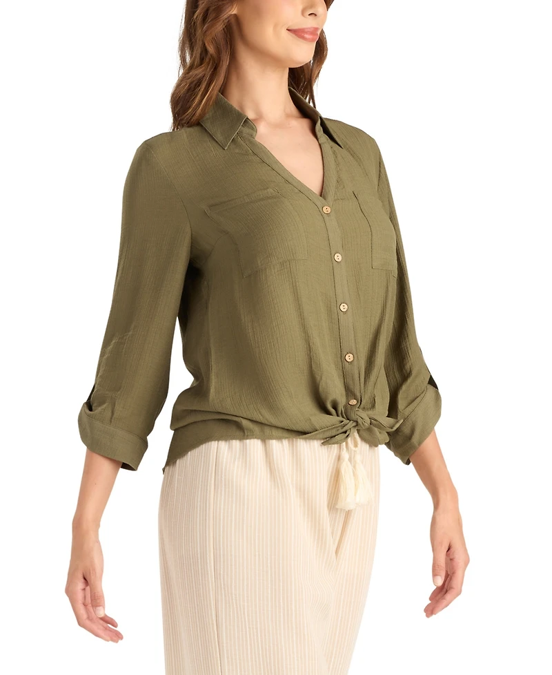 Bcx Women's Texture Gauze Collared Button-Front Top