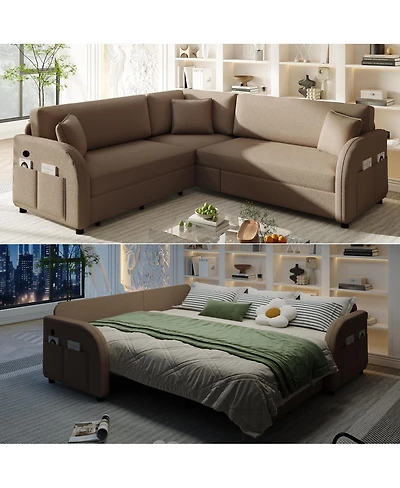 Streamdale Furniture L-Shaped Sofa Bed with Usb, Teddy Upholstered Sectional