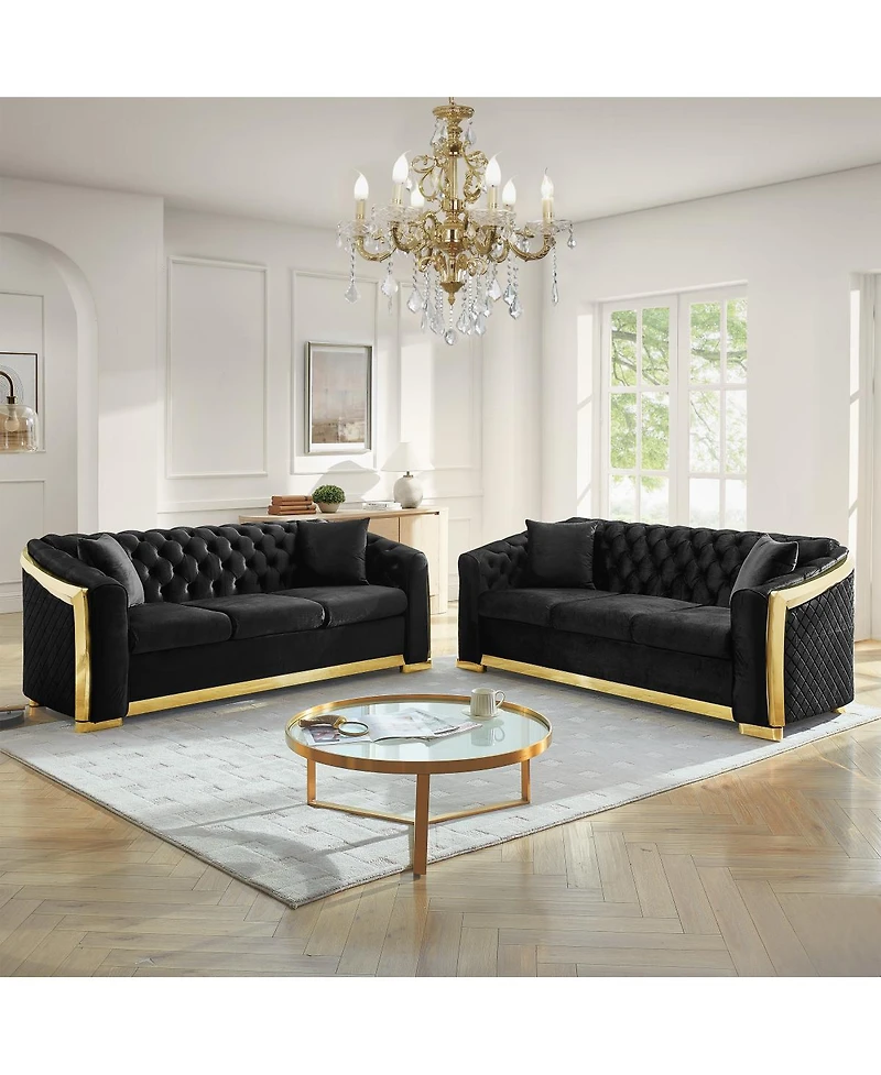Streamdale Furniture Velvet Tufted Luxury Sofa with Gold Accents