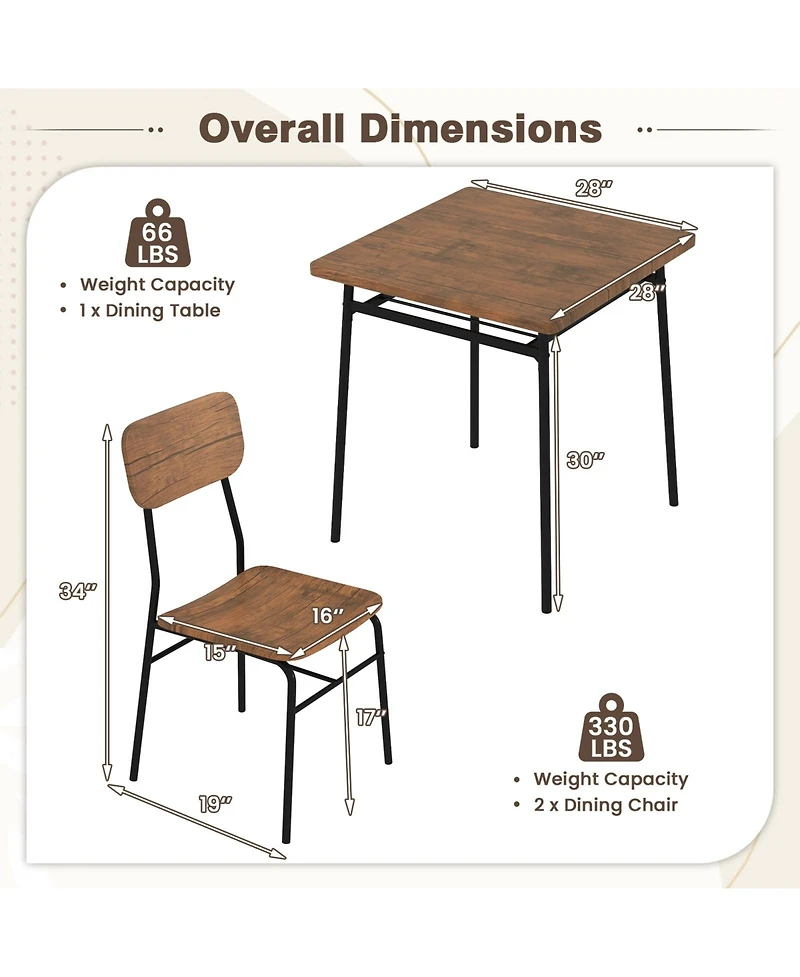 Slickblue 3 Piece Kitchen Table Set for 2 Square Wood Top Metal Frame