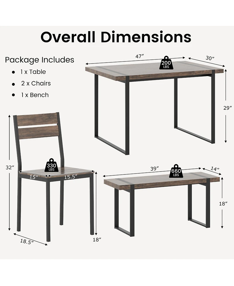 Slickblue Compact 4 Piece Dining Table Set with Bench and Chairs