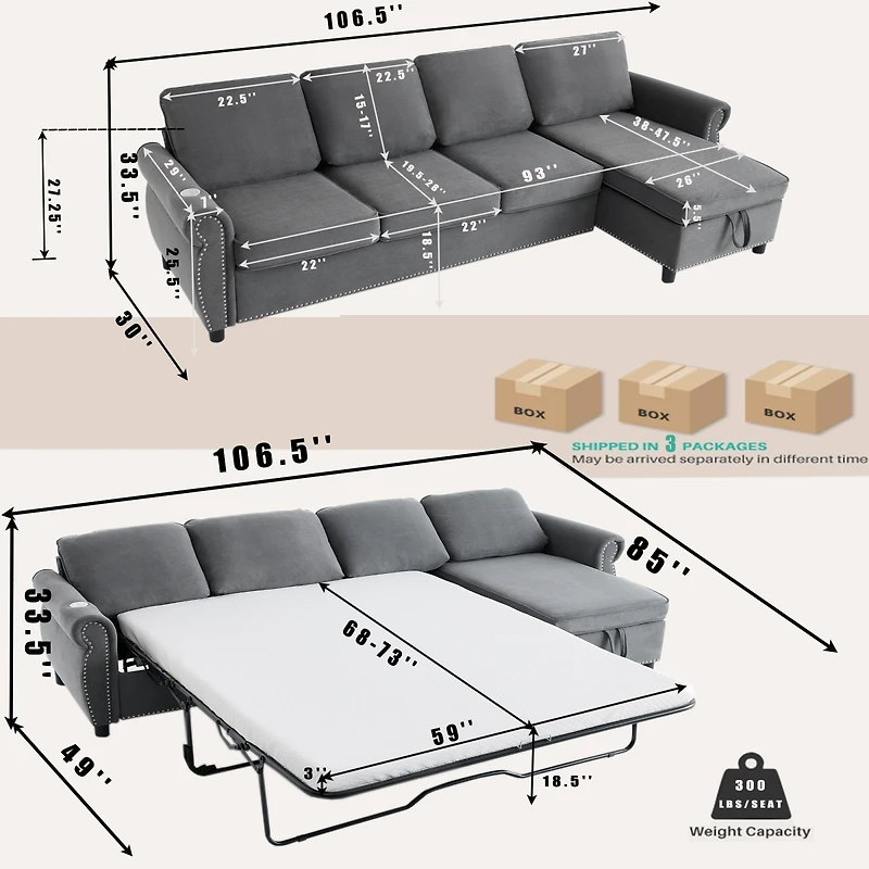 Streamdale Furniture 106.5" Modular L-Shape Sofa Bed with Charging and Storage