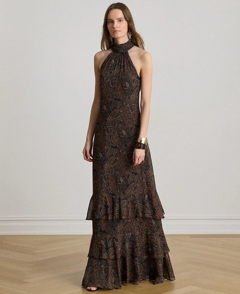 Lauren Ralph Paisley Georgette Tiered Mockneck Gown