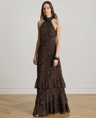 Lauren Ralph Paisley Georgette Tiered Mockneck Gown