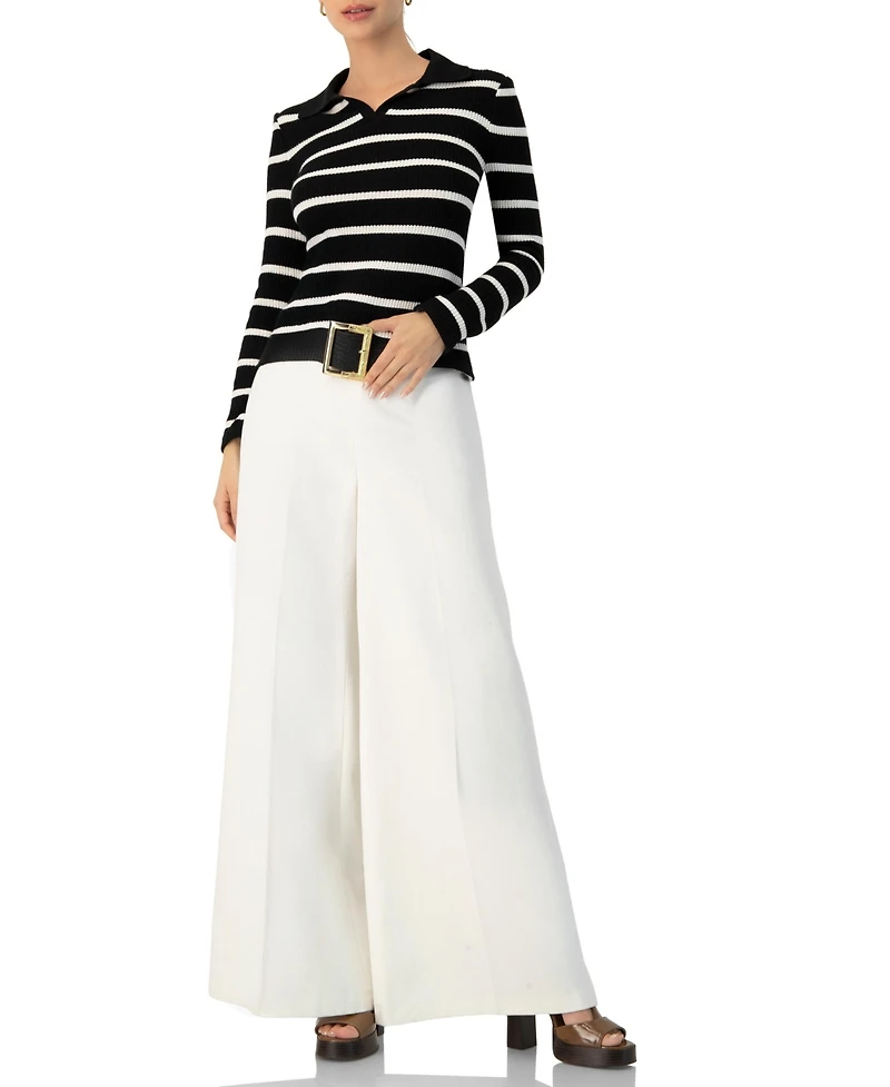 Ivonne Women's Knitted Striped Long Sleeve Polo