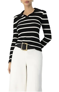 Ivonne Women's Knitted Striped Long Sleeve Polo