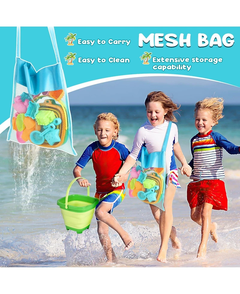 Gnuadz 28-piece Beach Toys Collapsible Sand Buckets Molds Shovels Mesh Bag