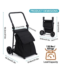 homfan 2 in 1 Folding Grocery Shopping Cart and Hand Truck with Built In Seat Removable 32.5 Gallon Waterproof Oxford Bag and All Terrain Wheels