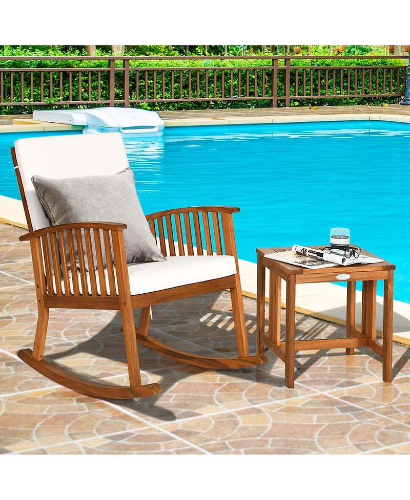 Gymax 2 piece Patio Wooden Rocking Chair Set Garden Outdoor with Coffee Table Cushion