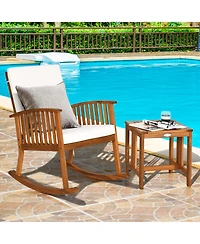 Gymax 2 piece Patio Wooden Rocking Chair Set Garden Outdoor with Coffee Table Cushion
