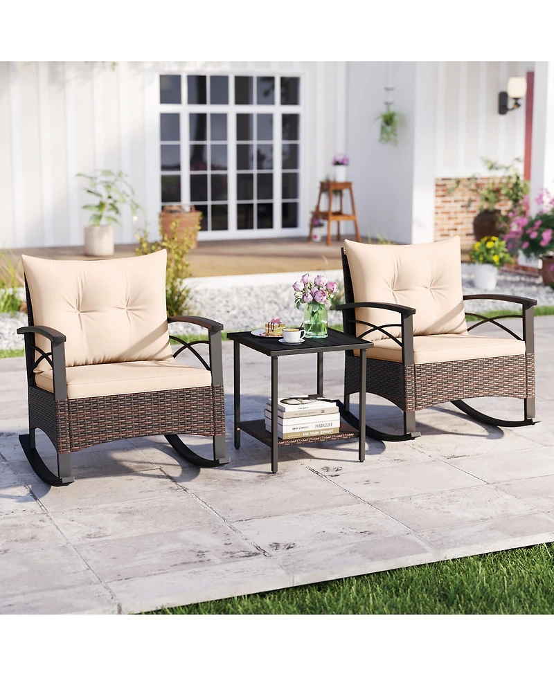 Sugift 3 Piece Rocking Bistro Set Pe Rattan Rocker Chairs with Acacia Wood Top Table