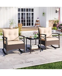 Sugift 3 Piece Rocking Bistro Set Pe Rattan Rocker Chairs with Acacia Wood Top Table