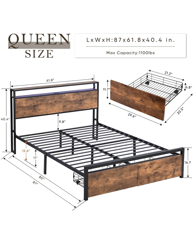 Boyel Living Queen Size Industrial Bed Frame with Storage Headboard Led Lights Charging Station and 2 Underbed Drawers