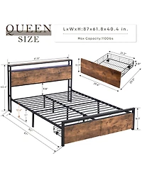 Boyel Living Queen Size Industrial Bed Frame with Storage Headboard Led Lights Charging Station and 2 Underbed Drawers