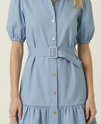 Modenaire Women's Short Sleeve Belted Button-Front Puff-Sleeve Mini Dress