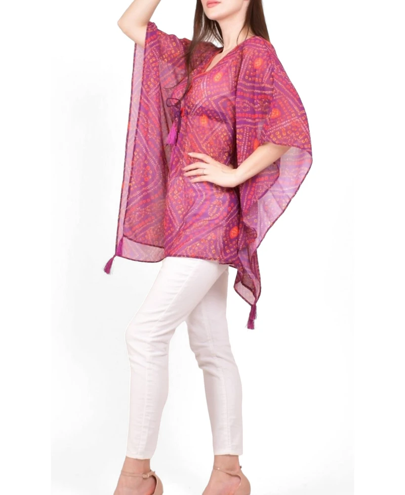 Raas Women's Mirror Embroidered Bandhani Georgette Kaftan Top