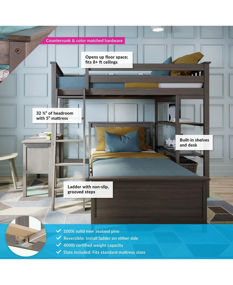 Max & Lily L-Shaped Twin over Bunk Bed with Bookcase and Desk