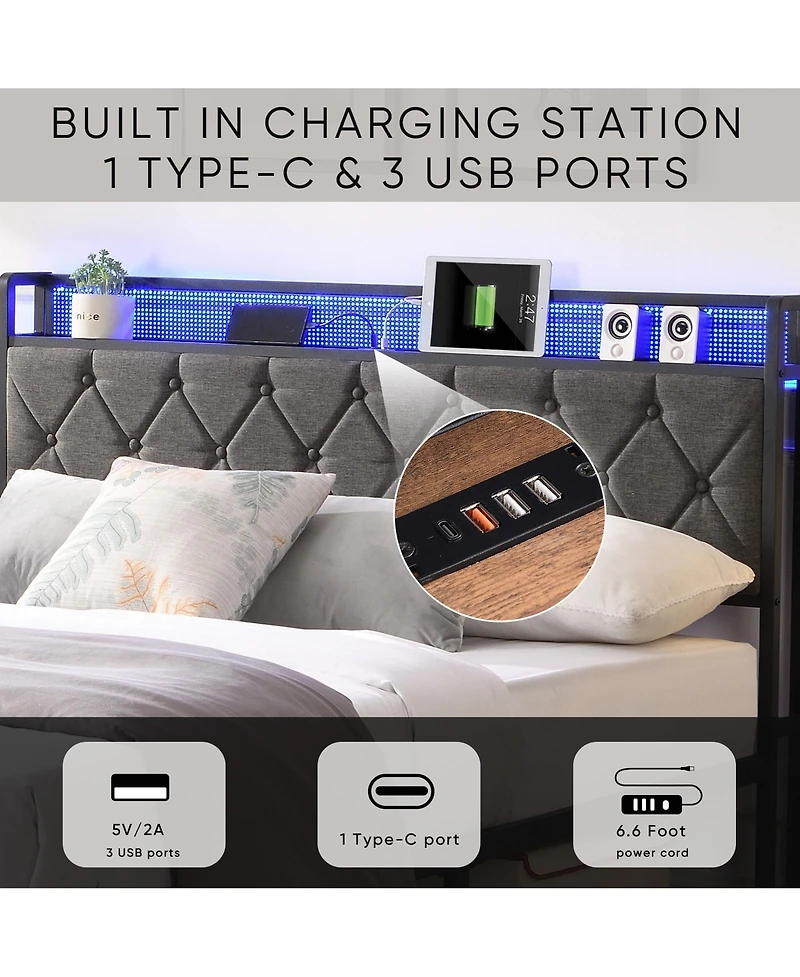 Boyel Living Full Size Upholstered Platform Bed with Led Headboard Charging Station and Noise Free Metal Slats