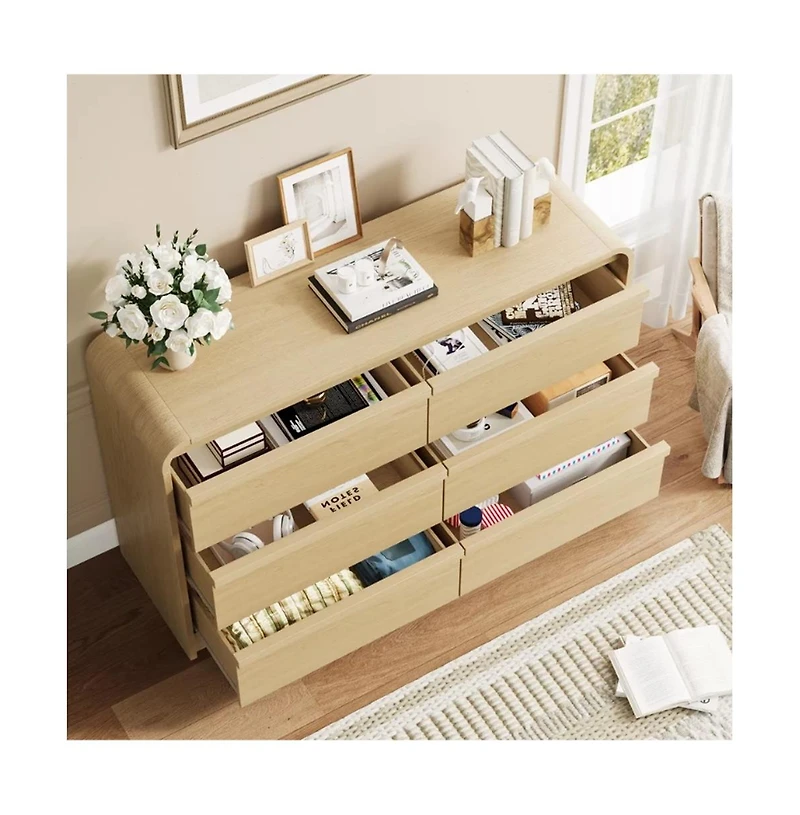 gaomon 6 Drawer Dresser for Bedroom, 47 Inch Wooden Chest of Drawers with Curved Design, Modern Closet Storage Cabinet Living Room